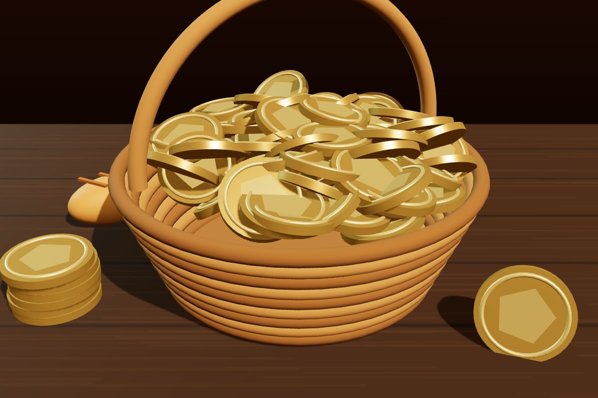 3D render of a wicker basket overflowing with gold coins