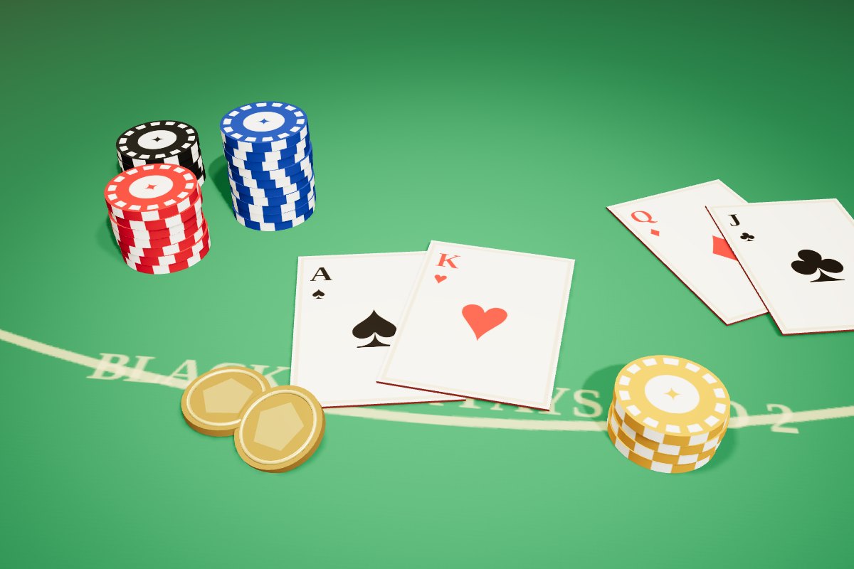 3D render of a blackjack table with cards and chips