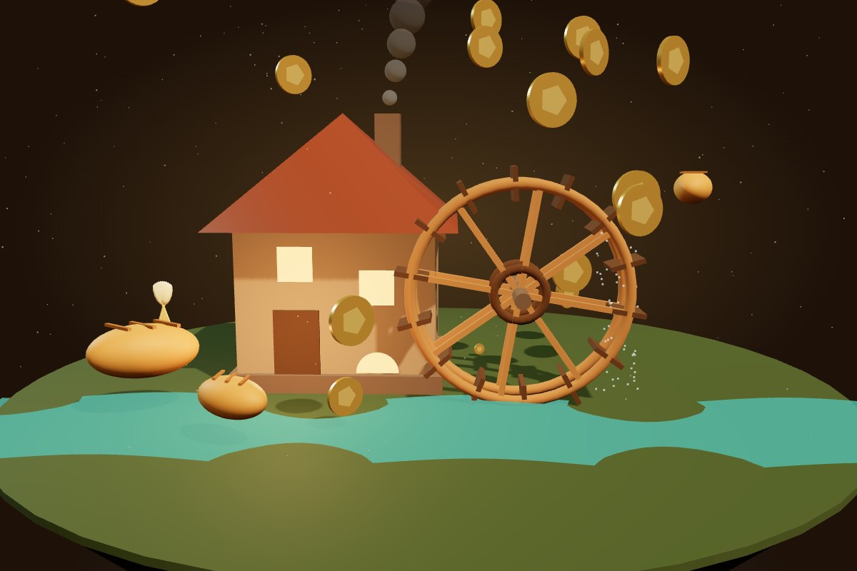 3D render of the Ancient Watermill Bakery mill with water wheel and rising gold coins